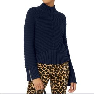 INTERMIX Pullover Sweater size small Navy Blue COTTON + SILK Zipper Sleeves Edgy